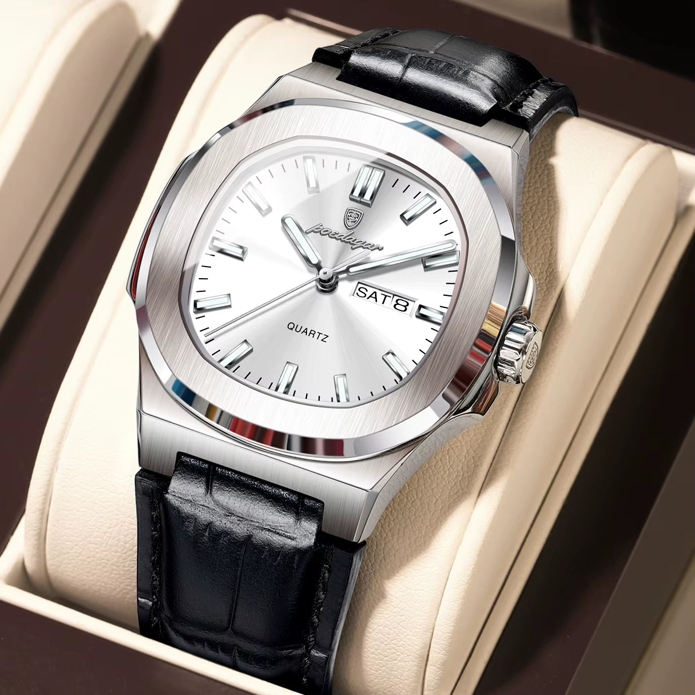 High Quality Watch for Men Luxury Luminous Waterproof Week Calendar Man Clock Leather Square Men'S Quartz Watches Reloj