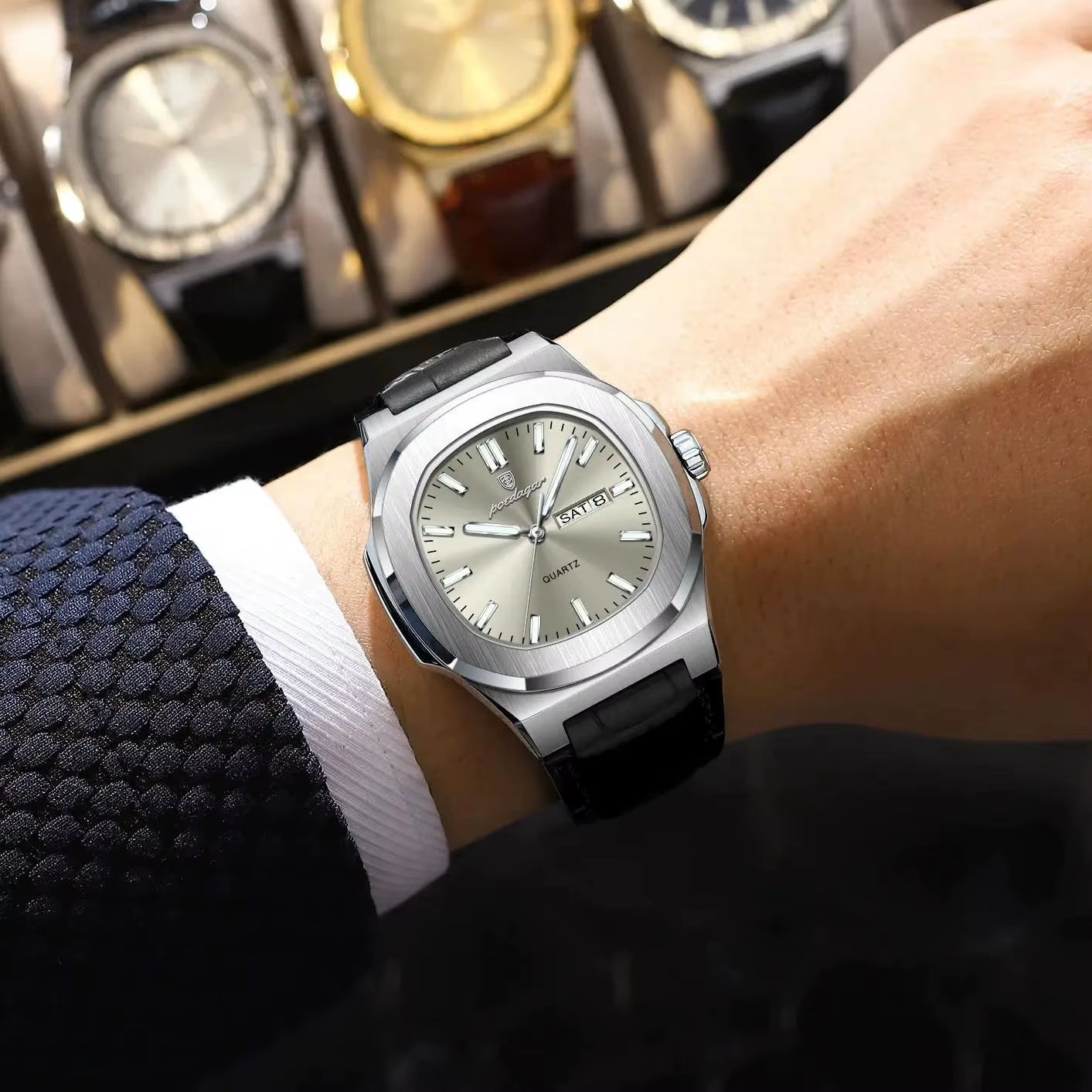 High Quality Watch for Men Luxury Luminous Waterproof Week Calendar Man Clock Leather Square Men'S Quartz Watches Reloj